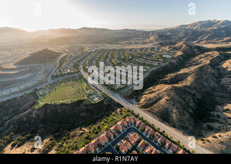 Aerial view of homes, parks and streets in the Porter Ranch area of Los Angeles, California. Stock Photo