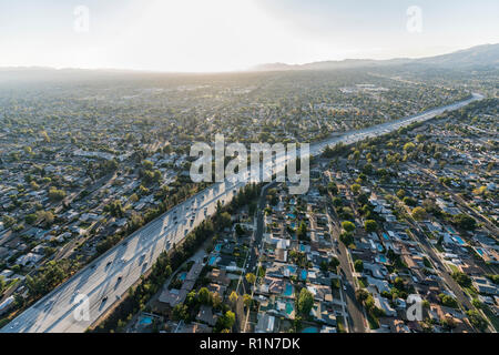 Late afternoon aerial view above the Route 118 freeway in the San Fernando Valley area of Los Angeles, California. Stock Photo