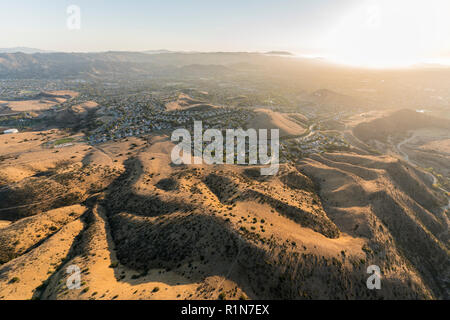 Late afternoon aerial view of Chumash Park and suburban streets near Los Angeles in Simi Valley, California. Stock Photo