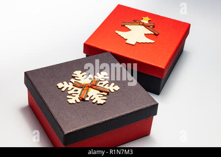 Gift boxes of blue and red on white background Stock Photo