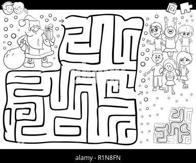 Black and White Cartoon Illustration of Education Maze or Labyrinth Activity Game for Children with Christmas Santa Claus Coloring Book Stock Vector