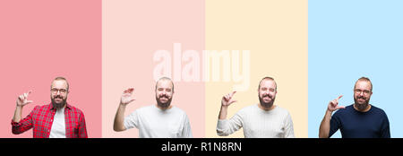 Collage of young man with beard over colorful stripes isolated background smiling and confident gesturing with hand doing size sign with fingers while Stock Photo