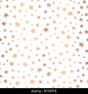 Handdrawn stars rose gold foil vector background. Seamless pattern for Christmas and celebrations. Hand drawn copper stars on white. For gift wrapping Stock Vector