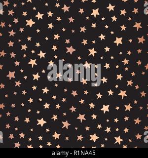 Seamless Handdrawn stars copper foil on black vector background. Pattern for Christmas and celebrations. Hand drawn rose gold stars for gift wrapping  Stock Vector