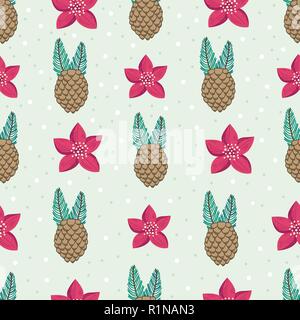 Beautiful repeating pattern. Christmas and winter theme. Pine cones and red flowers. Hand drawn style. Stock Vector