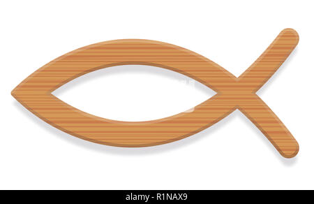Jesus fish. Wooden textured Christian symbol consisting of two intersecting arcs. Also called ichthys or ichthus, the Greek word for fish. Stock Photo