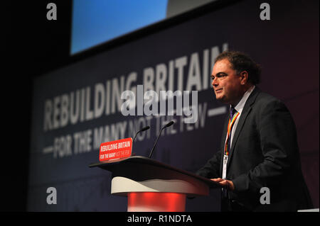 Liverpool, England. 25th September, 2018.  Manuel Cortes, General Secretary of TSSA, delivers his speech to conference, on the morning session of the  Stock Photo