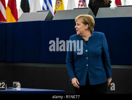 German Chancellor Angela Merkel seen  at the debate about the future of Europe with the members of the European Parliament, in Strasbourg, eastern France. Stock Photo