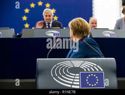 German Chancellor Angela Merkel seen speaking at the debate about the future of Europe with the members of the European Parliament, in Strasbourg, eastern France. Stock Photo