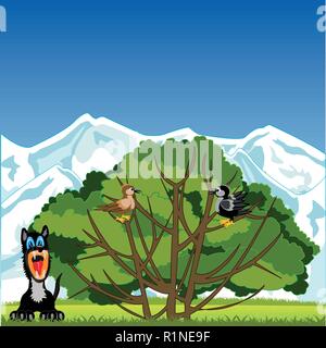 Tree with bird and animals on glade Stock Vector