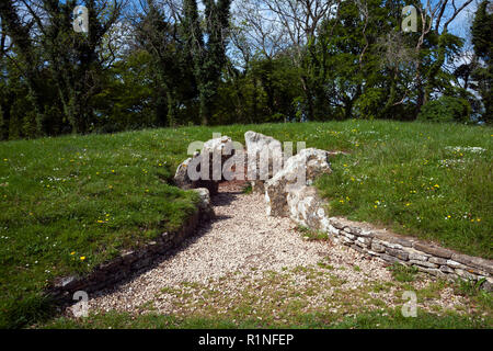 England, Cotswolds, Gloucestershire, the remains of Nympsfield Long Barrow prehistoric burial place at Coaley Peak Stock Photo