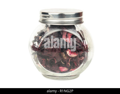 Dry hibiscus tea in glass jar on white background Stock Photo