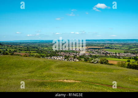 Early summer view over patchwork fields in the Severn Vale towards the Forest of Dean from Selsley Common on the edge of the Cotswolds, Gloucestershire, England, UK Stock Photo