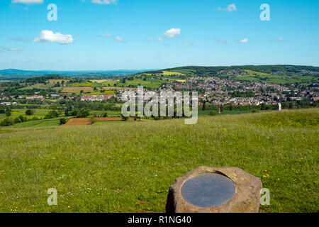 Selsley Common, Gloucestershire, UK - May 2015: Late spring sunshine enhances the extensive panoramic views had from Selsley Common on the western edge of the Cotswolds looking over Stroud Valleys and town. Selsley Common is a 97-acre biological and geological Site of Special Scientific Interest in Gloucestershire within the Cotswolds AONB (Area of Outstanding Natural Beauty). Stock Photo