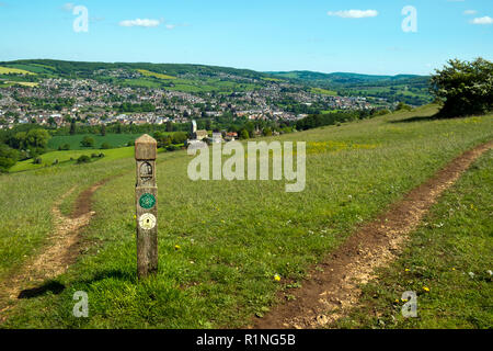 Extensive views over the Stroud Valleys from The Cotswold Way long distance footpath on Selsley Common near Stroud, Gloucestershire, Cotswolds, UK Stock Photo