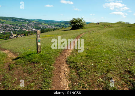 Extensive views over the Stroud Valleys from The Cotswold Way long distance footpath on Selsley Common near Stroud, Gloucestershire, Cotswolds, UK Stock Photo