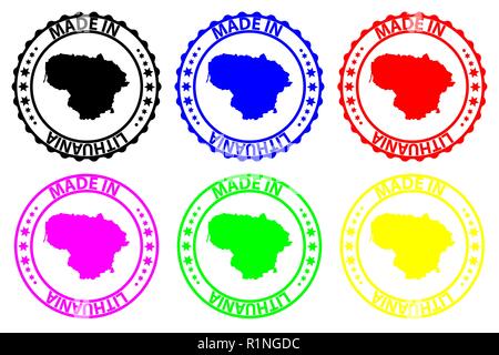 Made in Lithuania - rubber stamp - vector, Lithuania map pattern - black, blue, green, purple, yellow and red Stock Vector