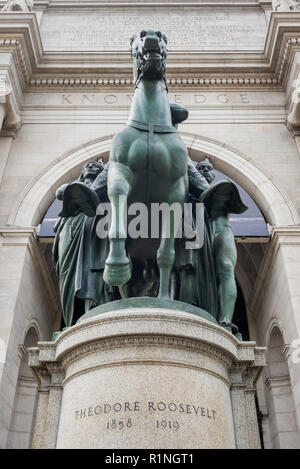 Low angle view of Theodore Roosevelt StatuebyJames Earle Fraser, American Museum of Natural History, Manhattan, New York City, New York State, USA Stock Photo
