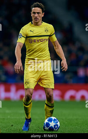 MADRID, SPAIN - NOVEMBER 06: Thomas Delaney of Borussia Dortmund in action during the Group A match of the UEFA Champions League between Club Atletico de Madrid and Borussia Dortmund at Estadio Wanda Metropolitano on November 6, 2018 in Madrid, Spain.  (MB Media) Stock Photo