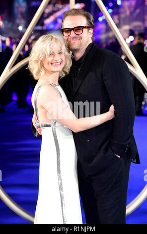 Alison Sudol (left) and David Harbour (right) attending the Fantastic Beasts: The Crimes of Grindelwald UK premiere held at Leicester Square, London. Stock Photo