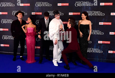 Jude Law (left to right), Zoe Kravitz, Callum Turner, Ezra Miller, Eddie Redmayne and Claudia Kim attending the Fantastic Beasts: The Crimes of Grindelwald UK premiere held at Leicester Square, London. Stock Photo