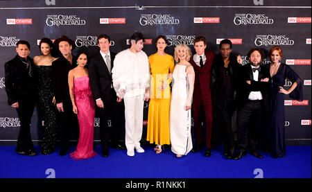 Johnny Depp (left to right), Claudia Kim, Jude Law, Zoe Kravitz, Callum Turner, Ezra Miller, Katherine Waterston, Alison Sudol, Eddie Redmayne, William Nadylam, Dan Fogler and J.K. Rowling attending the Fantastic Beasts: The Crimes of Grindelwald UK premiere held at Leicester Square, London. Stock Photo