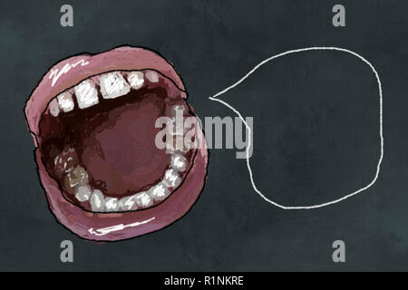 Ugly Teeth, open Mouth and something to say in empty Speech Bubble on Blackboard. Concept illustrated in Classic Style Stock Photo