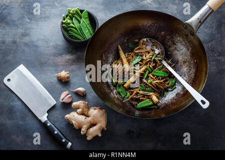 Beef and noodles with oyster sauce with ingredients, copy space Stock Photo