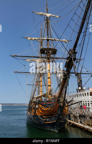 The 'HMS' Surprise replica tall ship on the waterfront, San Diego Bay, San Diego, California, United States. Stock Photo