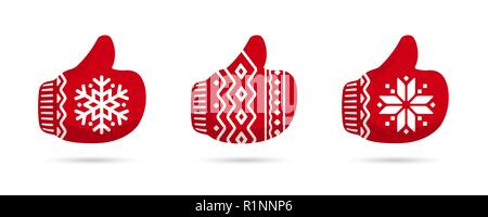 Thumbs up in christmas mittens vector icons. Like signs. Santa Claus like icon vector. Red Christmas mittens isolated on white background. Stock Vector