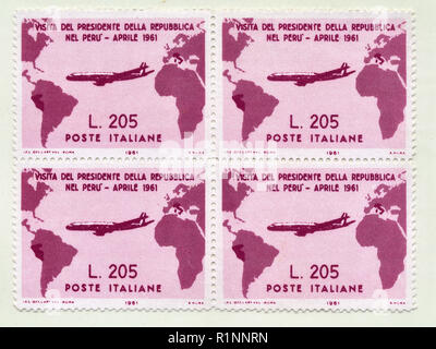 Italy - CIRCA 1961:A stamp printed in Italy, Rare Italian quatrain stamps of Gronchi pink worth 205 Lire,commemorates the visit of Italian President G Stock Photo