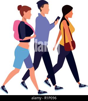 Young friends walking and using smartphone vector illustration graphic design Stock Vector