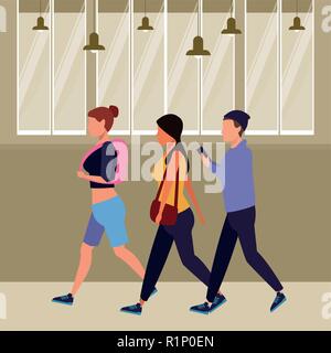 Young friends walking and using smartphone inside office building vector illustration graphic design Stock Vector