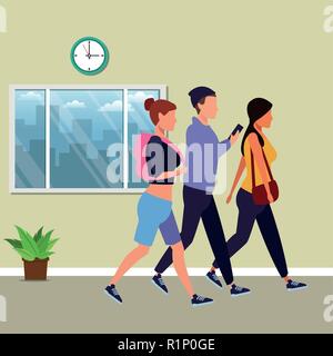 Young friends walking and using smartphone inside office building vector illustration graphic design Stock Vector