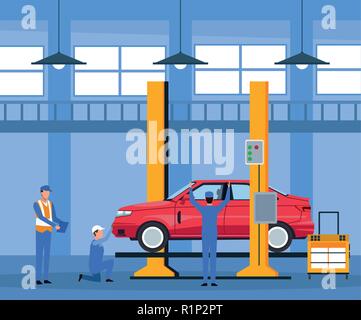 Workers on factory car assembling interior vector illustration graphic design Stock Vector