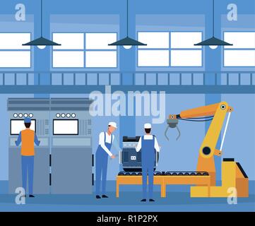 Workers on factory car assembling interior vector illustration graphic design Stock Vector