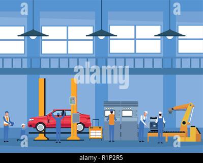 Workers on factory car assembling interior vector illustration graphic design Stock Vector