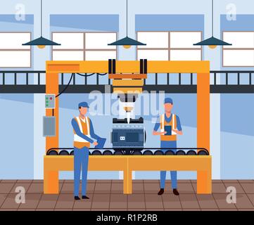 Workers on factory car assembling interior vector illustration graphic design Stock Vector