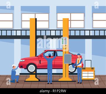 Workers on factory car assembling interior vector illustration graphic design Stock Vector