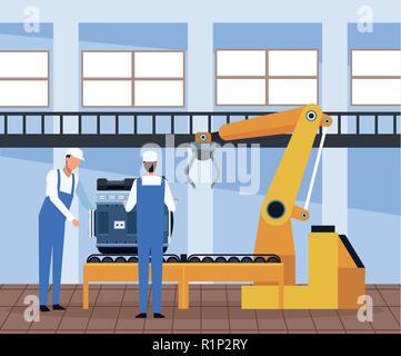 Workers on factory car assembling interior vector illustration graphic design Stock Vector