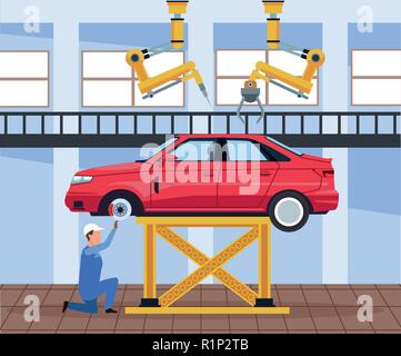 Workers on factory car assembling interior vector illustration graphic design Stock Vector