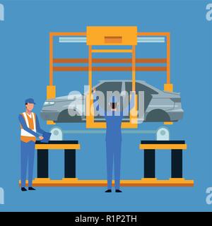 Workers on factory car and assembling interior vector illustration graphic design Stock Vector