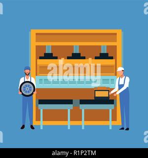Workers on factory car tires and assembling vector illustration graphic design Stock Vector
