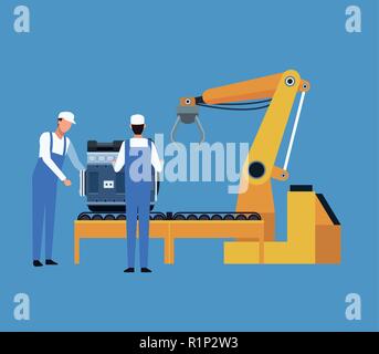Workers on factory car assembling blue background vector illustration graphic design Stock Vector