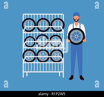 Workers on factory car tires and assembling vector illustration graphic design Stock Vector