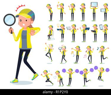 A set of women in sportswear with digital equipment such as smartphones.There are actions that express emotions.It's vector art so it's easy to edit. Stock Vector