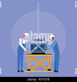 Workers on factory car and assembling shop vector illustration graphic design Stock Vector