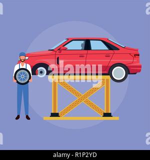 Worker on factory car and assembling shop vector illustration graphic design Stock Vector