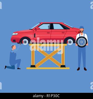 Workers on factory car and assembling shop vector illustration graphic design Stock Vector