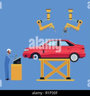 Worker on factory car and assembling shop vector illustration graphic design Stock Vector